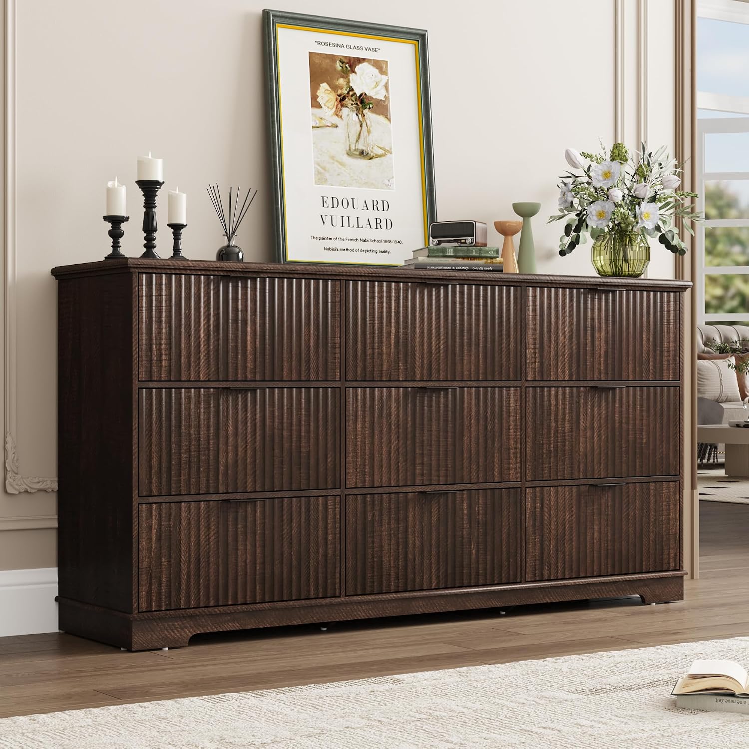 Fluted 9 Drawers Dresser for Bedroom, 63' Wood Dresser with Power Outlet and Deep Drawers, Wide Chest of Drawers, Modern Closet Dressers for Living Room, Upgraded Version with Wooden Drawers, Brown