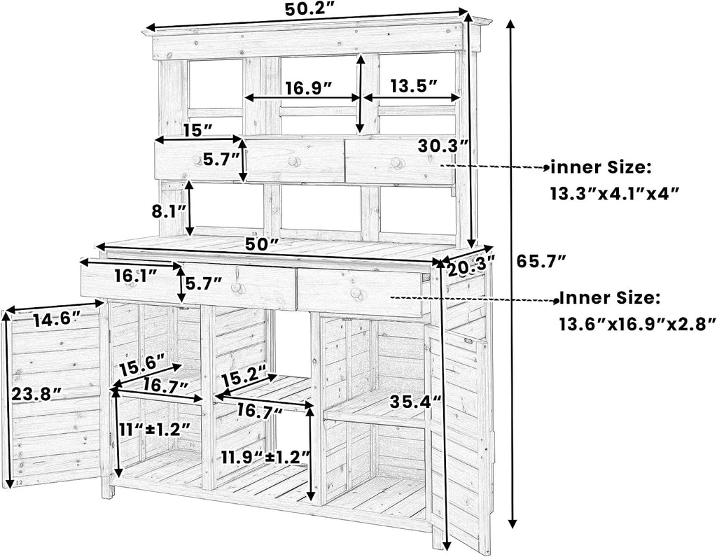 Tall Garden Potting Bench: Fir Wood Storage Workstation with Adjustable Shelves & Cabinets - Water-Resistant Organizer for Rainy Climate Gardening Enthusiasts