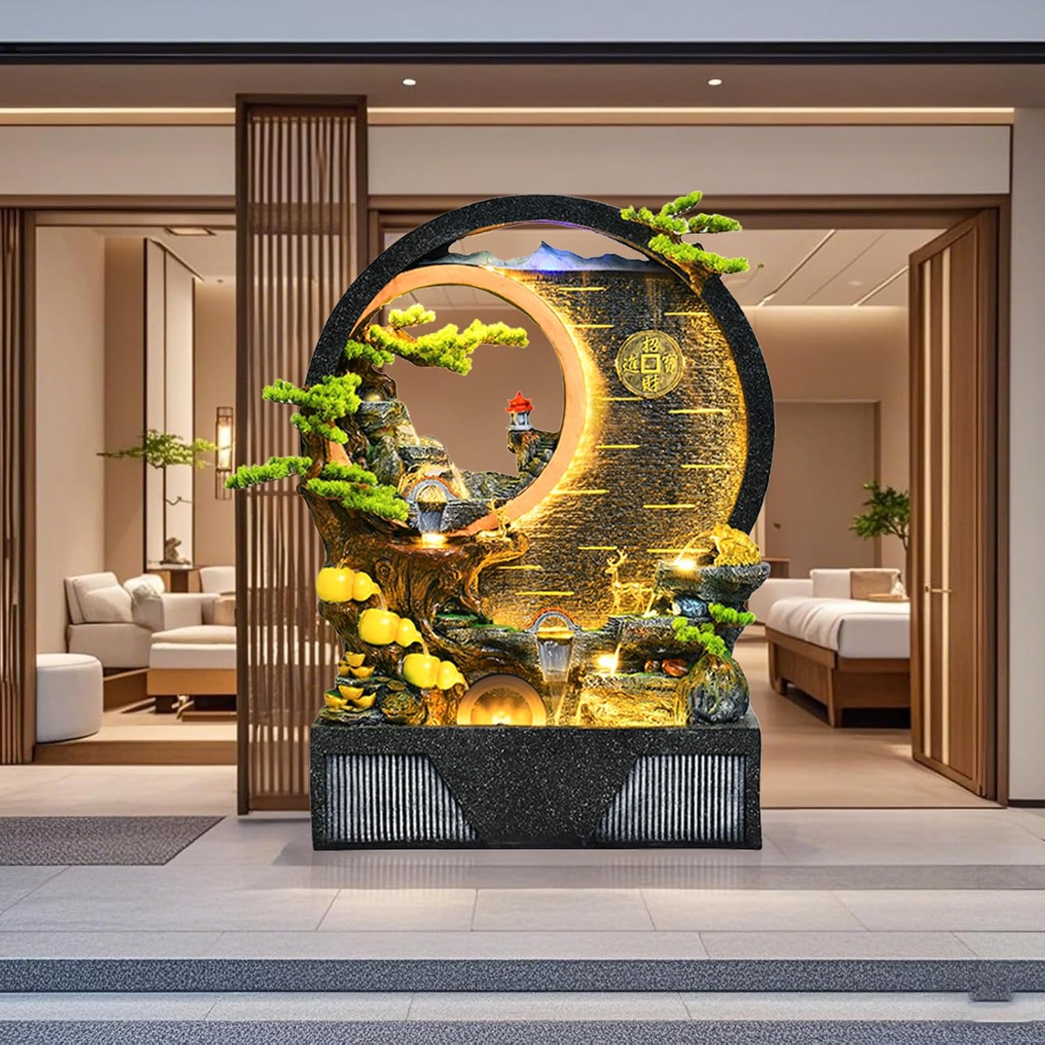 Indoor Outdoor Resin Fountain with LED Light Ring – Round Landscape Waterfall Feature with Pump, Bonsai & Gourd Decor – 6.07ft Tall Large Decorative Water Sculpture(A Large)