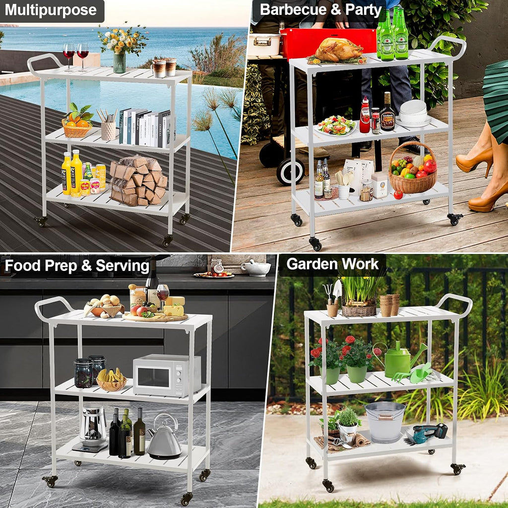 Outdoor Three-Shelf Dining Cart with Wheels Utility BBQ Food Prep Table Movable Grill Cart Picnic Cart for Bar, Patio, Camping, Back Yard, Kitchen - White