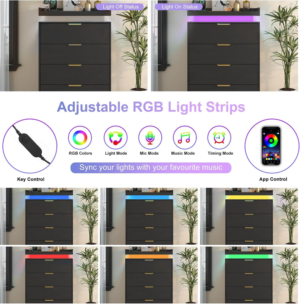 UNIQUITE Black Dresser with LED Lights and Power Outlet, Wooden 4 Drawer Dresser Tall Dresser for Bedroom, Modern Chest of Drawers Closet Organizer for Bedroom, Entryway, Hallway