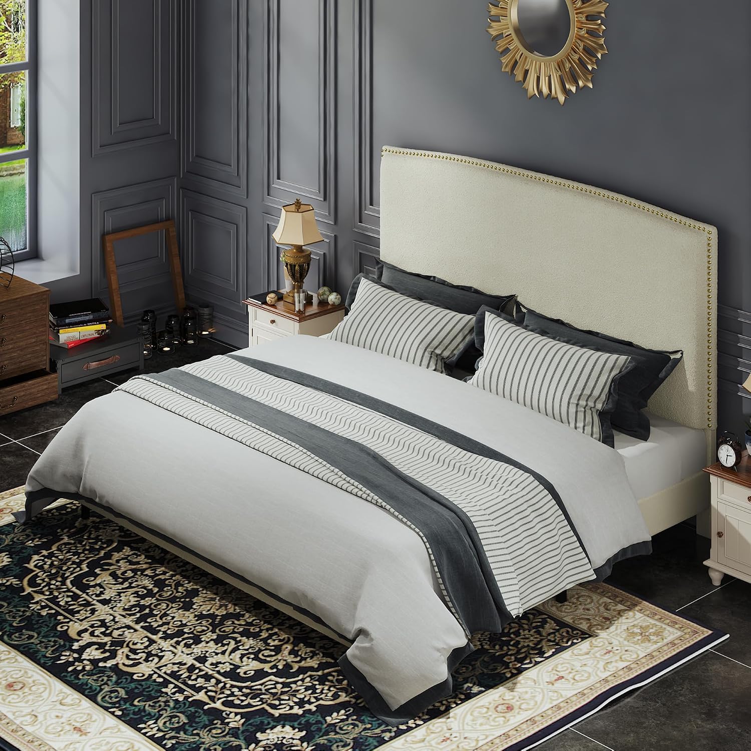 BarnFurin King Size Chenille Bed Frame with 56' Tall Headboard, Upholstered Platform Bed with Nailhead Trim Headboard, Soft Boucle Fabric, No Box Spring Needed, Beige