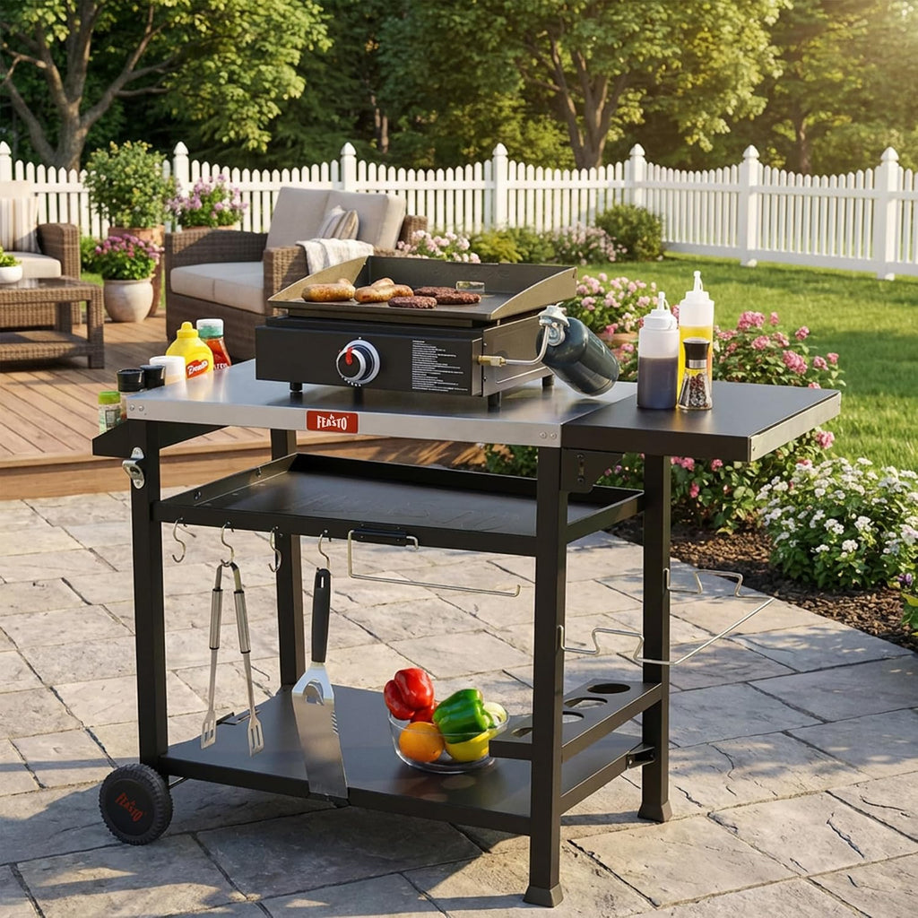 Feasto 40x26 Outdoor Grill Cart, Stainless Steel Tabletop, 3-Shelf Rolling | Pizza Oven Table, Pizza Oven Stand, BBQ Grill with Wheels for Food Prep, Outdoor & Indoor, Dining, Kitchen Cart Table