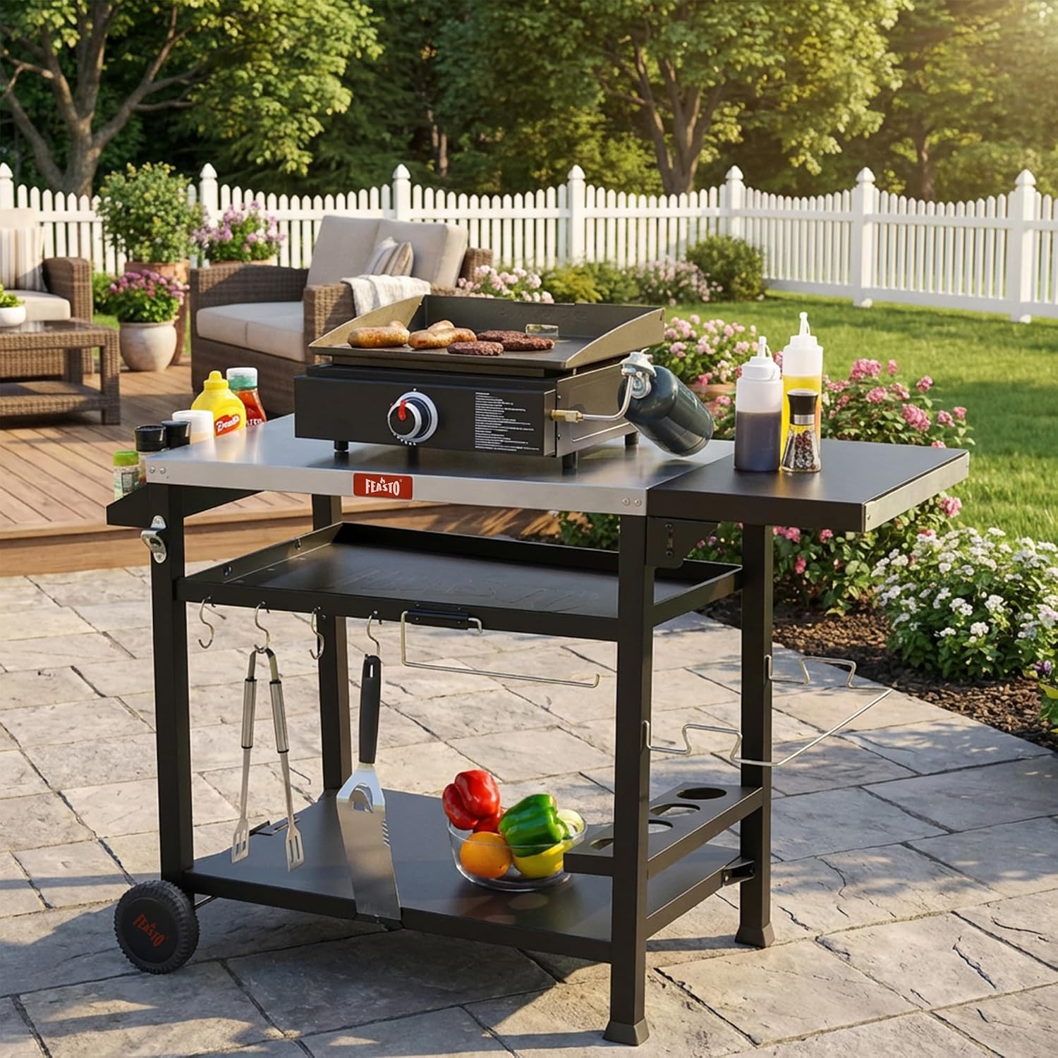 Feasto 40x26 Outdoor Grill Cart, Stainless Steel Tabletop, 3-Shelf Rolling | Pizza Oven Table, Pizza Oven Stand, BBQ Grill with Wheels for Food Prep, Outdoor & Indoor, Dining, Kitchen Cart Table