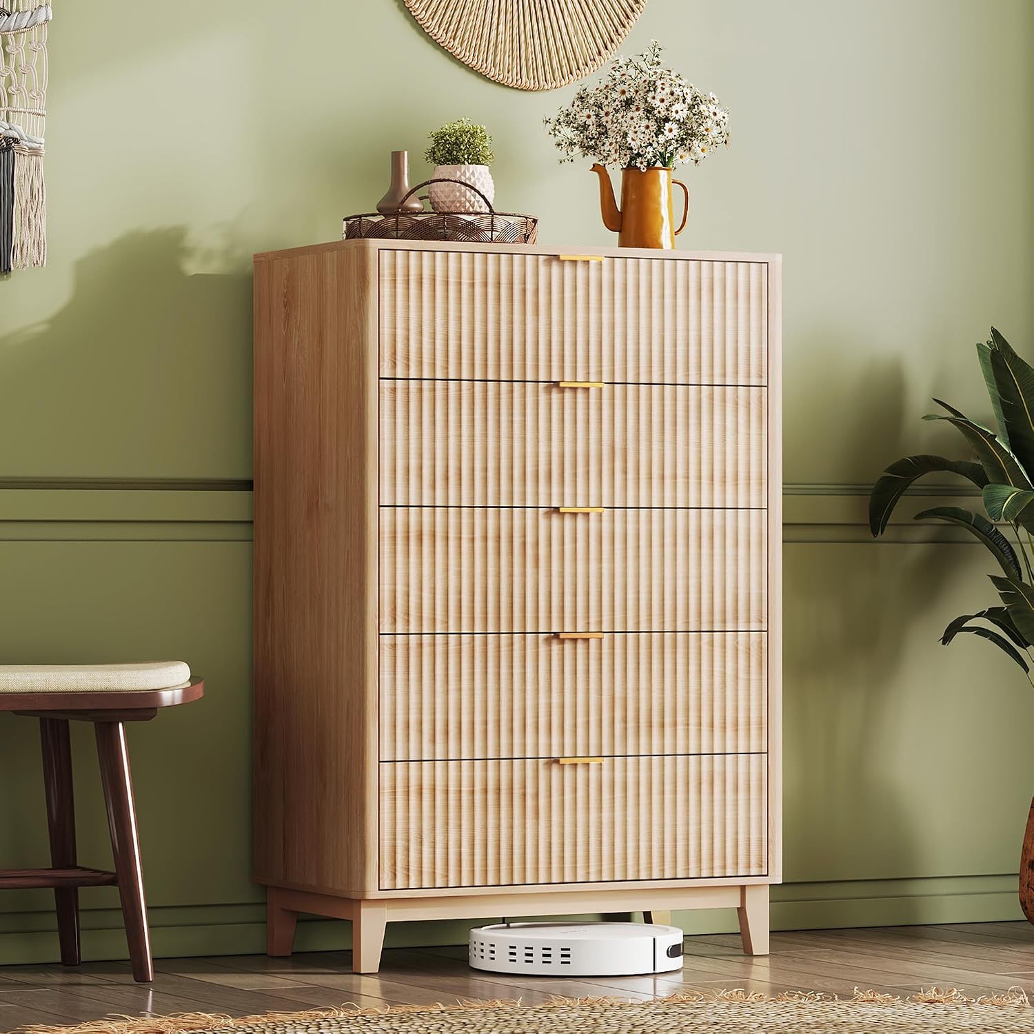 WLIVE Fluted Dresser for Bedroom with 5 Drawers, 46.26' Tall Wooden Dresser with Golden Metal Handles, Mid Century Modern Chest of Drawers for Living Room, Hallway, Closet, Natural Oak