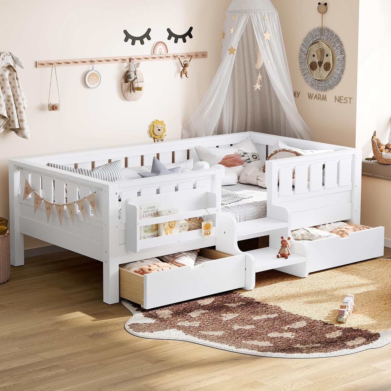 Bellemave Twin Montessori Bed with Stairs, Rails and Slats, Twin Size Montessori Floor Bed with Bookshelf and 2 Storage Drawers, Easy Assemble Beds Frame for Girls, Boys, White
