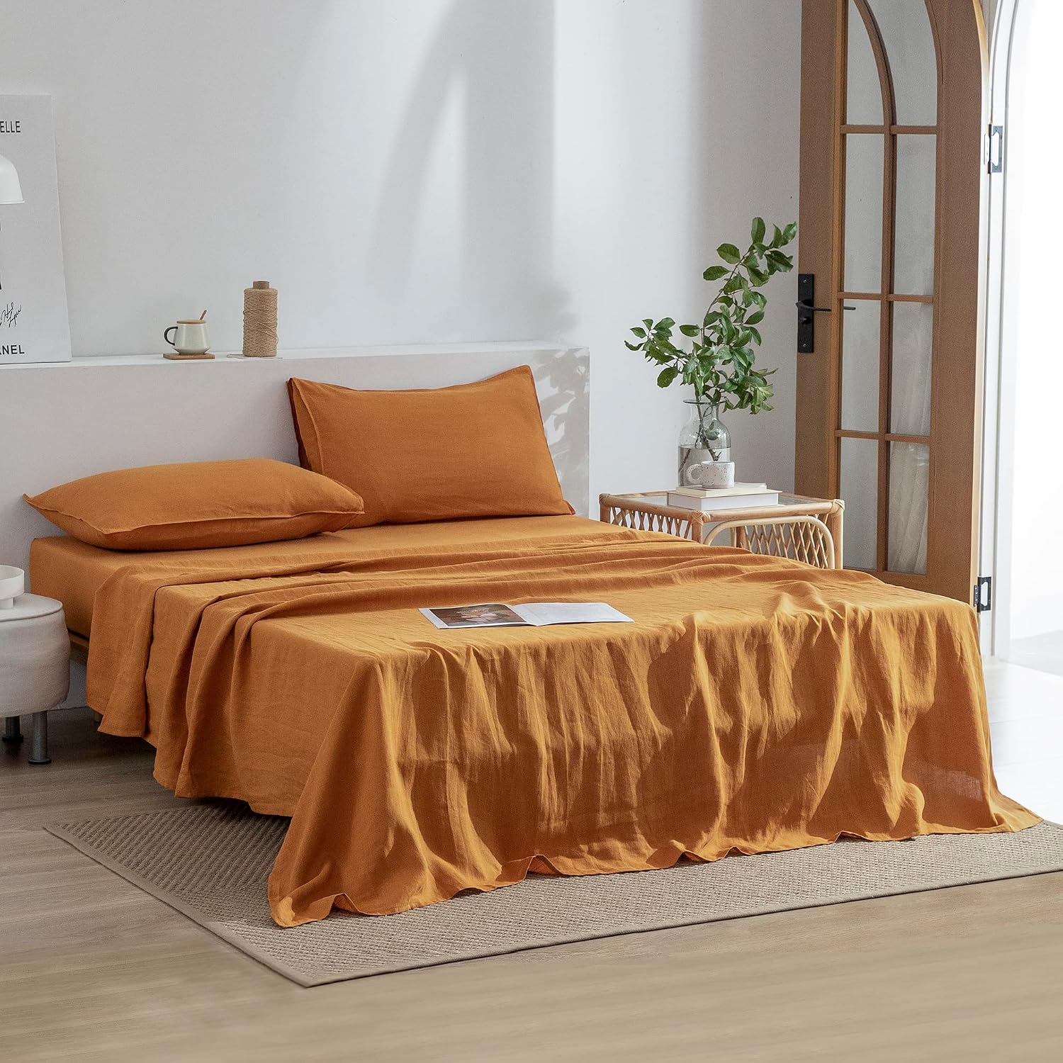 EVERLY Linen Sheets Set Full Size,100% French Stonewash Pure Linen Sheets Set,4Pieces (1Flat Sheet,1Fitted Sheet,2Pillowcase) Suitable for Hot Sleepers,16Inch Deep Pocket Natural Bedding Set-Caramel