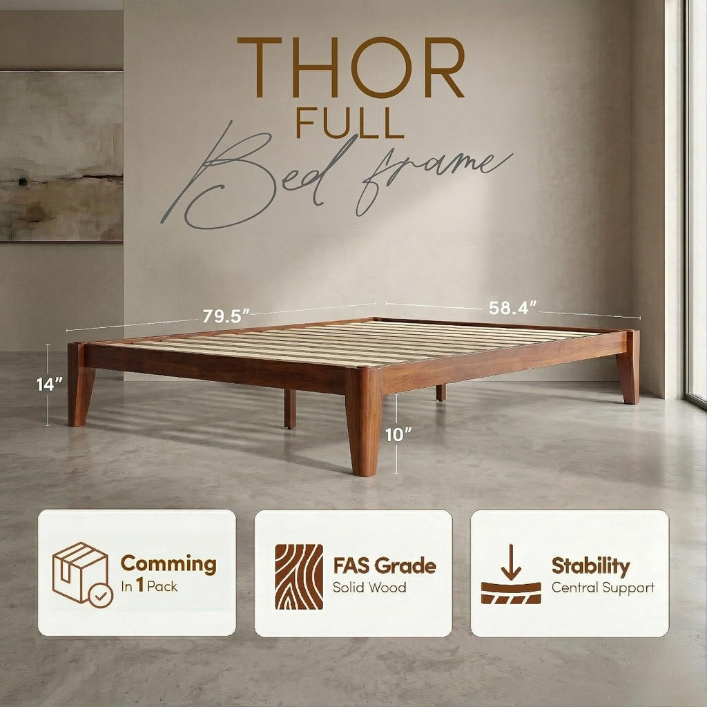 Thor Premium Solid Wood Bed Frame Full, Japanese Joinery Bed Frame with Wood Slat Support, Platform Bed, No Box Spring Needed, Easy Assembly, Minimalist & Modern Style (Mahogany)