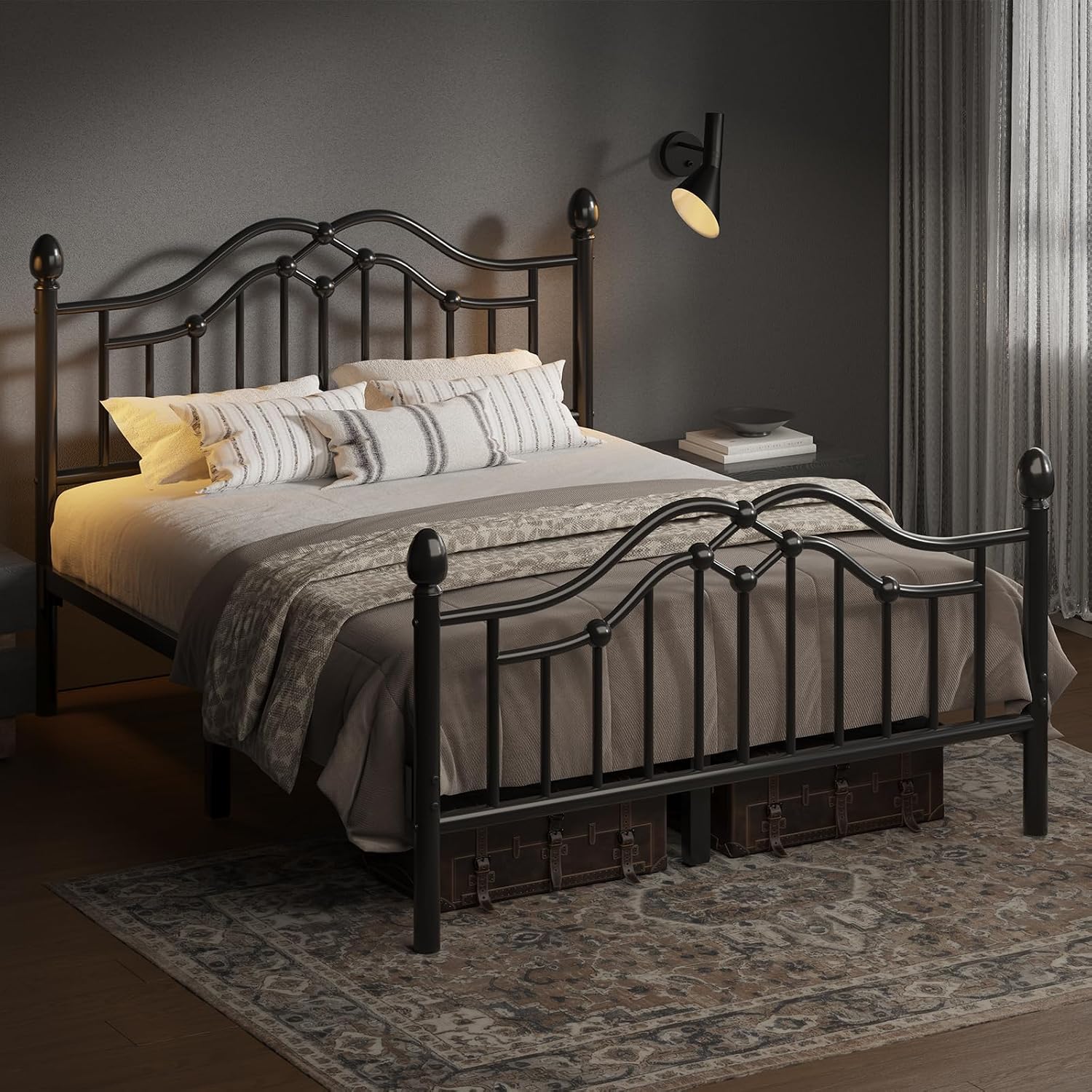 LOEWAY Full Metal Bed Frame with Classical Headboard and Footboard, Platform Bed Frame with Sturdy Metal Slats Support, Adequate Under Bed Storage, No Box Spring Needed, Easy Assembly, Black