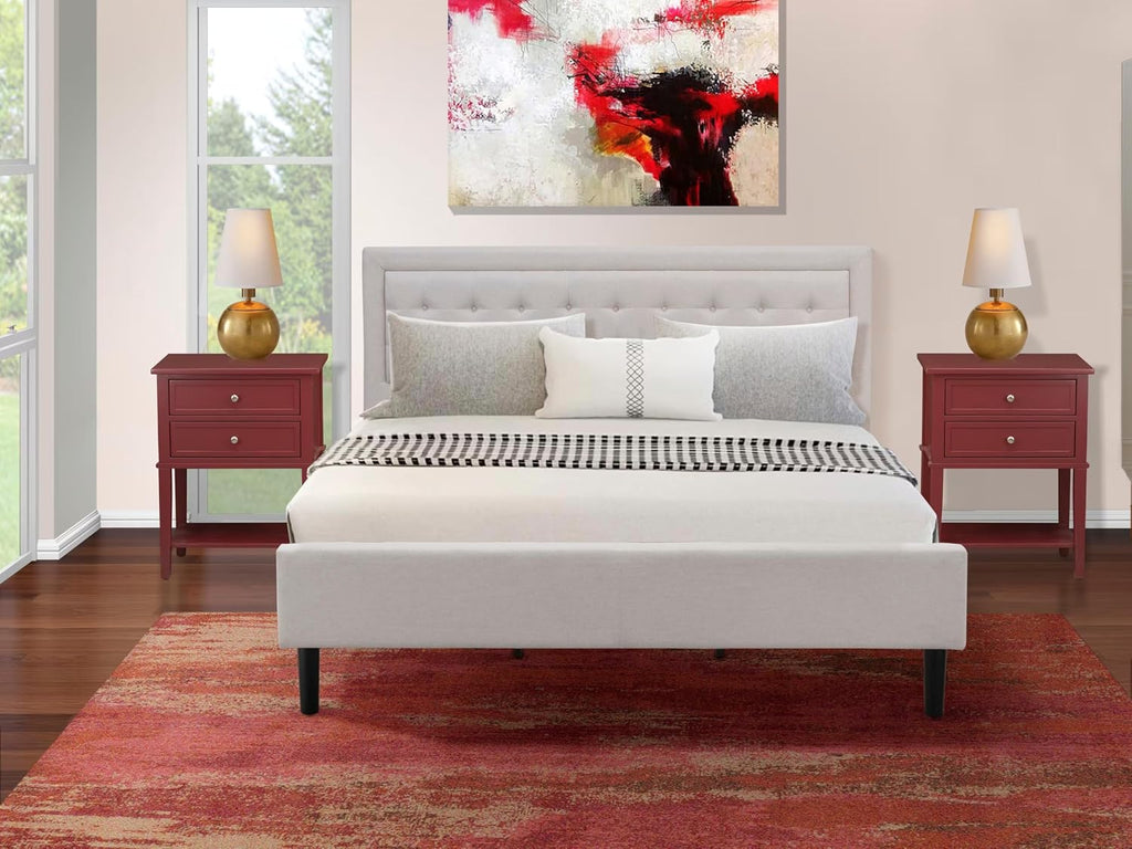 East West Furniture FN08K-2VL13 3-Piece Fannin King Bedroom Set with 1 King Frame and 2 End Tables for Bedroom - Reliable and Durable Manufacturing - Mist Beige Linen Fabric