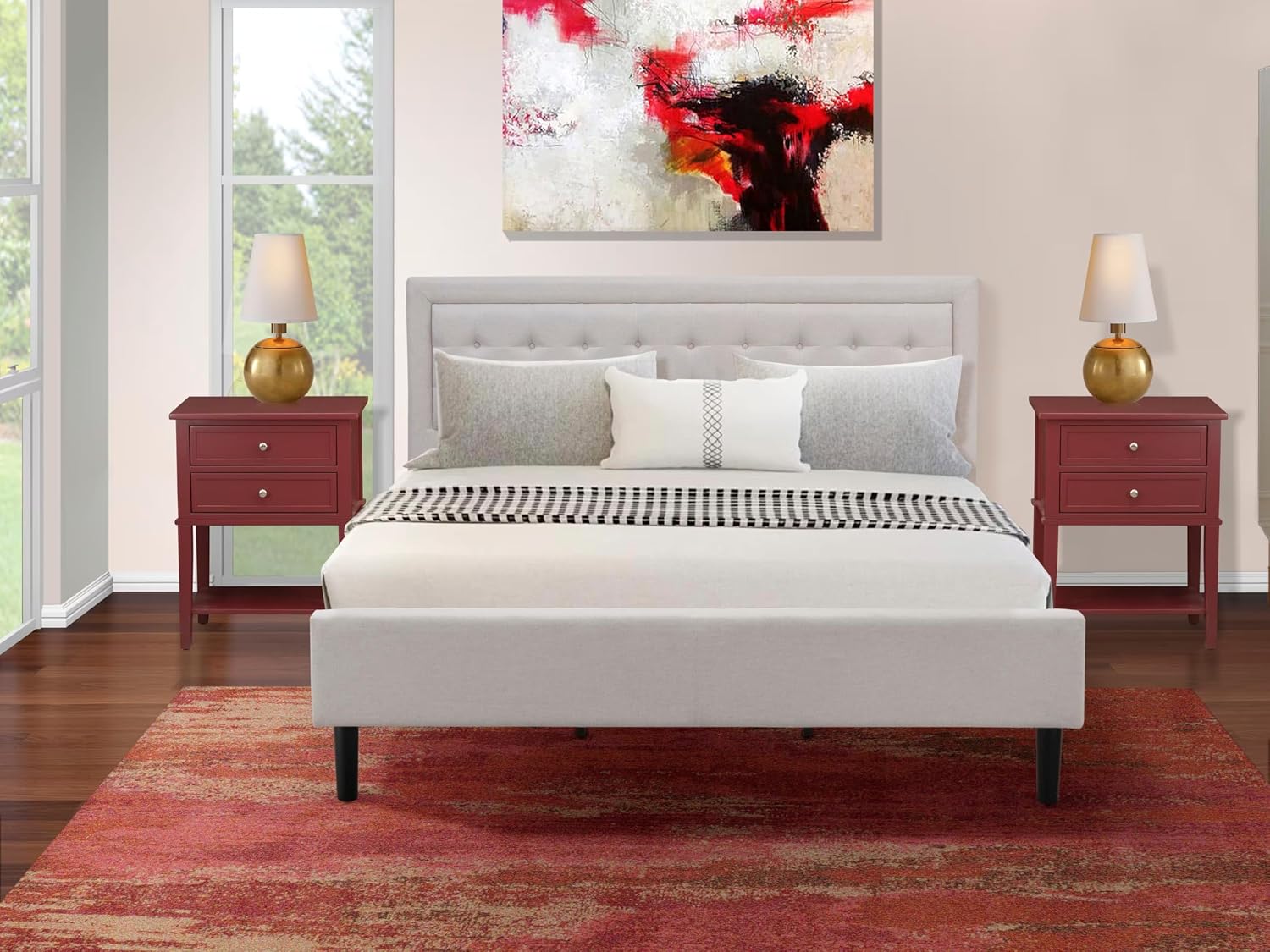 East West Furniture FN08K-2VL13 3-Piece Fannin King Bedroom Set with 1 King Frame and 2 End Tables for Bedroom - Reliable and Durable Manufacturing - Mist Beige Linen Fabric