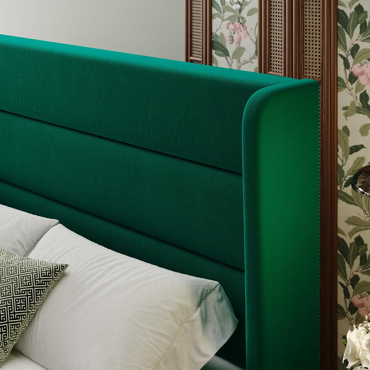 SHA CERLIN Full Size Velvet Bed Frame with Wingback Headboard/Upholstered Platform Bed with Wooden Slats/Mattress Foundation/No Box Spring Needed/Easy Assembly/Green