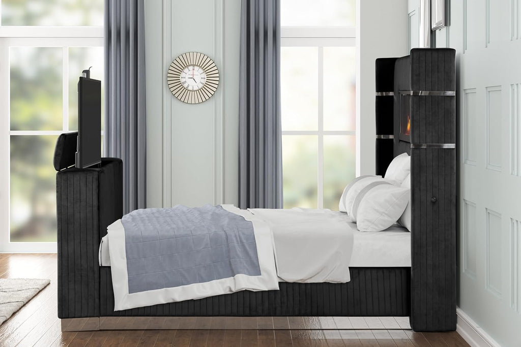 Lavish Modern Style 5 Pc King Bedroom Set Made with Fireplace in Headboard TV Stand in Footboard with Wood in Black