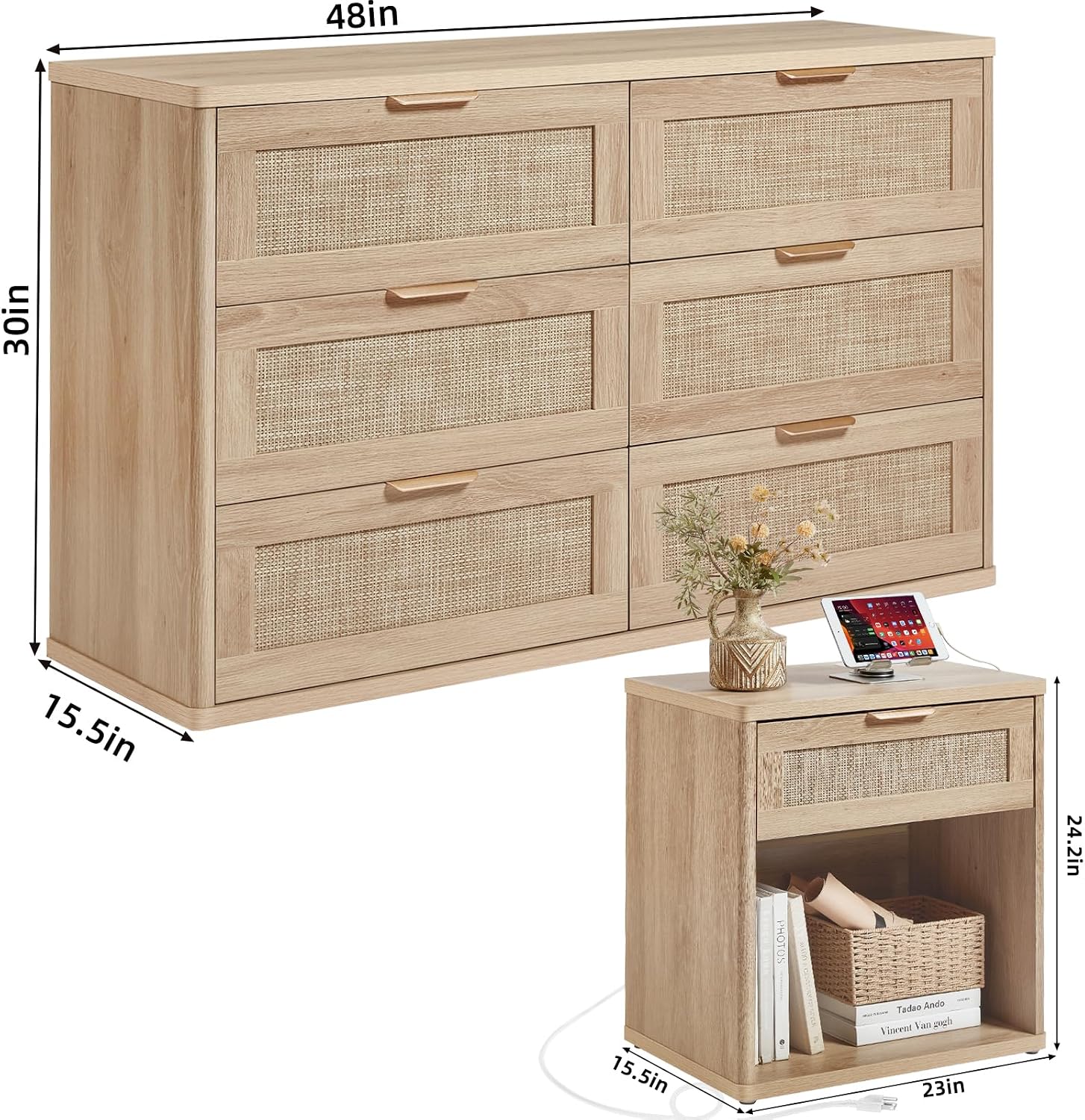 LEYAOYAO Rattan Dresser and Nightstand Sets 3 Piece, Boho Wood Dresser for Bedroom with 6 Drawers and Night Stand with Charging Station, Bedroom Furniture, Dressers & Chests of Drawers, Living Room