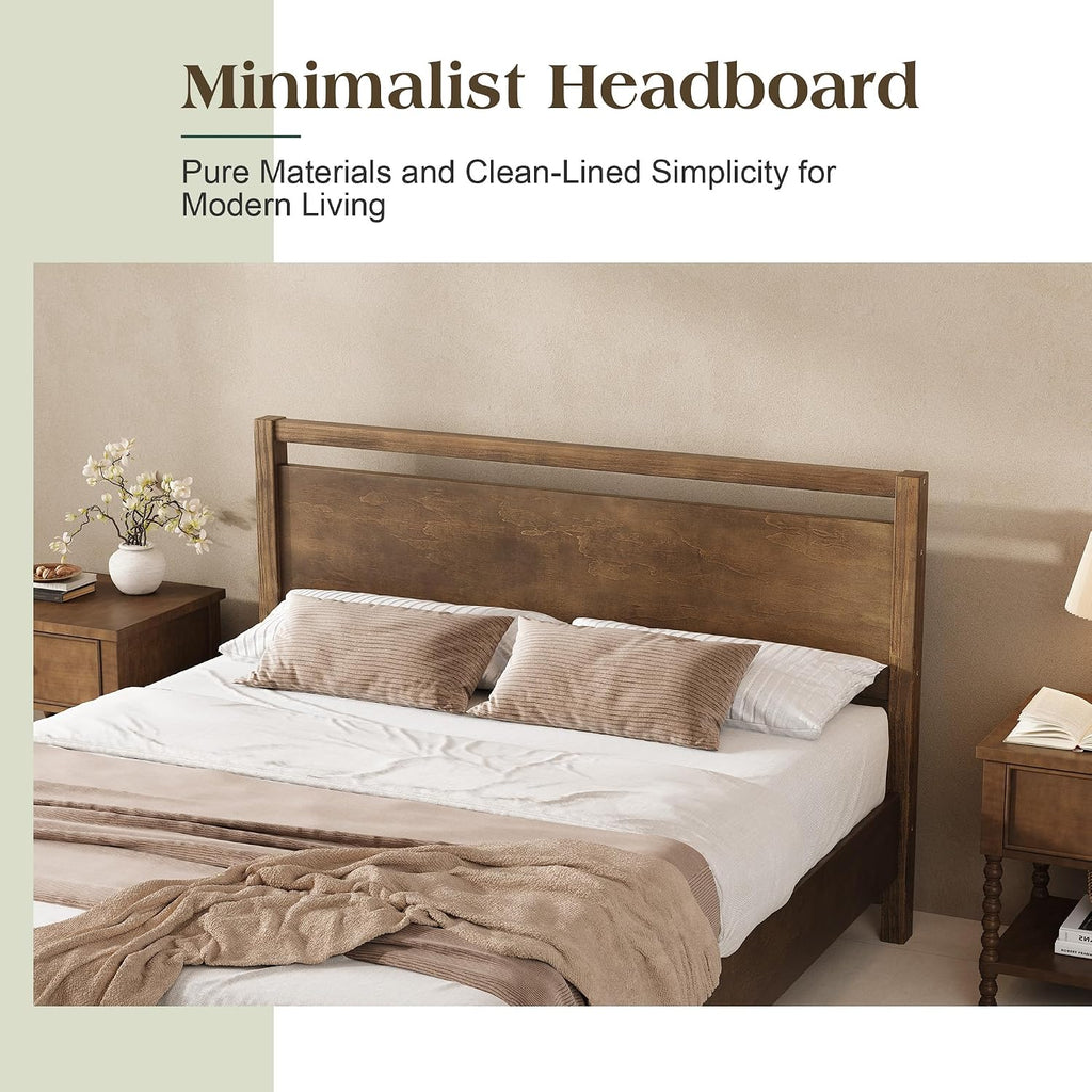 AMERLIFE Full Size Solid Wood Bed Frame with Headboard, Minimalist Platform Bed with Wooden Slats Support/No Box Spring Needed/Easy Assembly/Noise-Free, Dark Brown