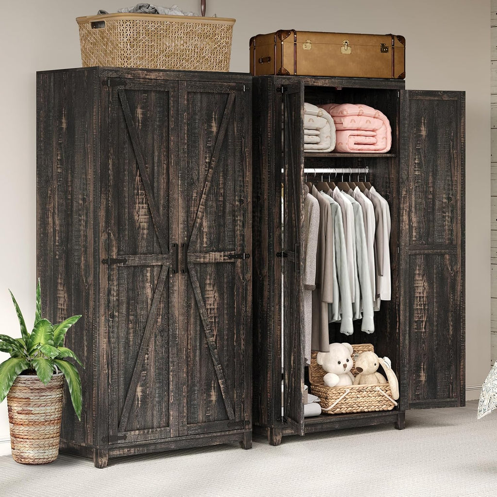 AMERLIFE Set of 2 Farmhouse Armoire Wardrobe Closet with 2 Barn Doors, 71'' Storage Cabinet with Shelf & Hanging Rod, Versatile Clothing Storage for Bedroom, Black Oak