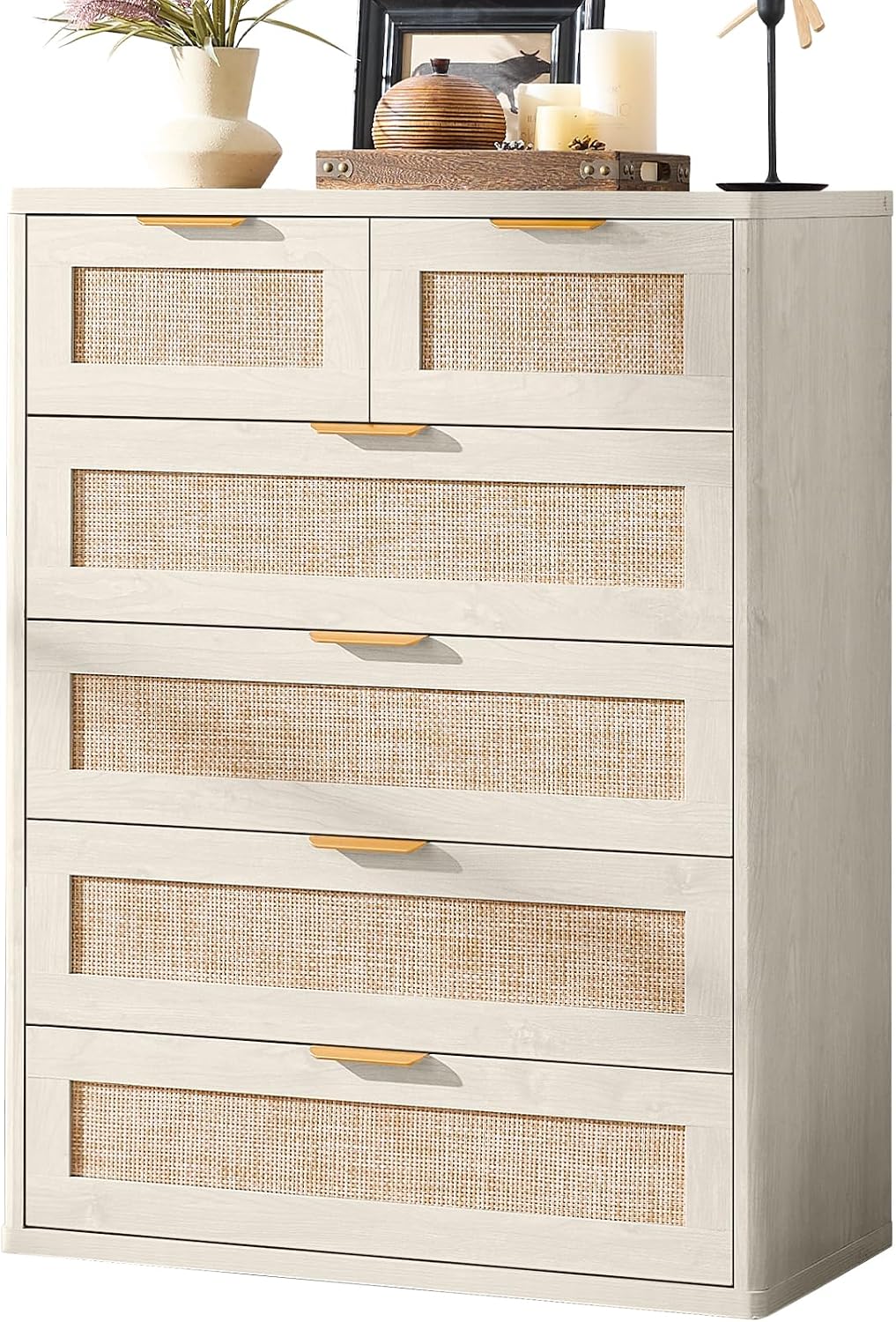 LEYAOYAO White Dresser for Bedroom Set of 2, 41' Tall Chest of Drawers, Modern 6 Drawers Boho Rattan Dressers with Storage, Dresser Wooden Closet Organizer for Living Room, Hallway