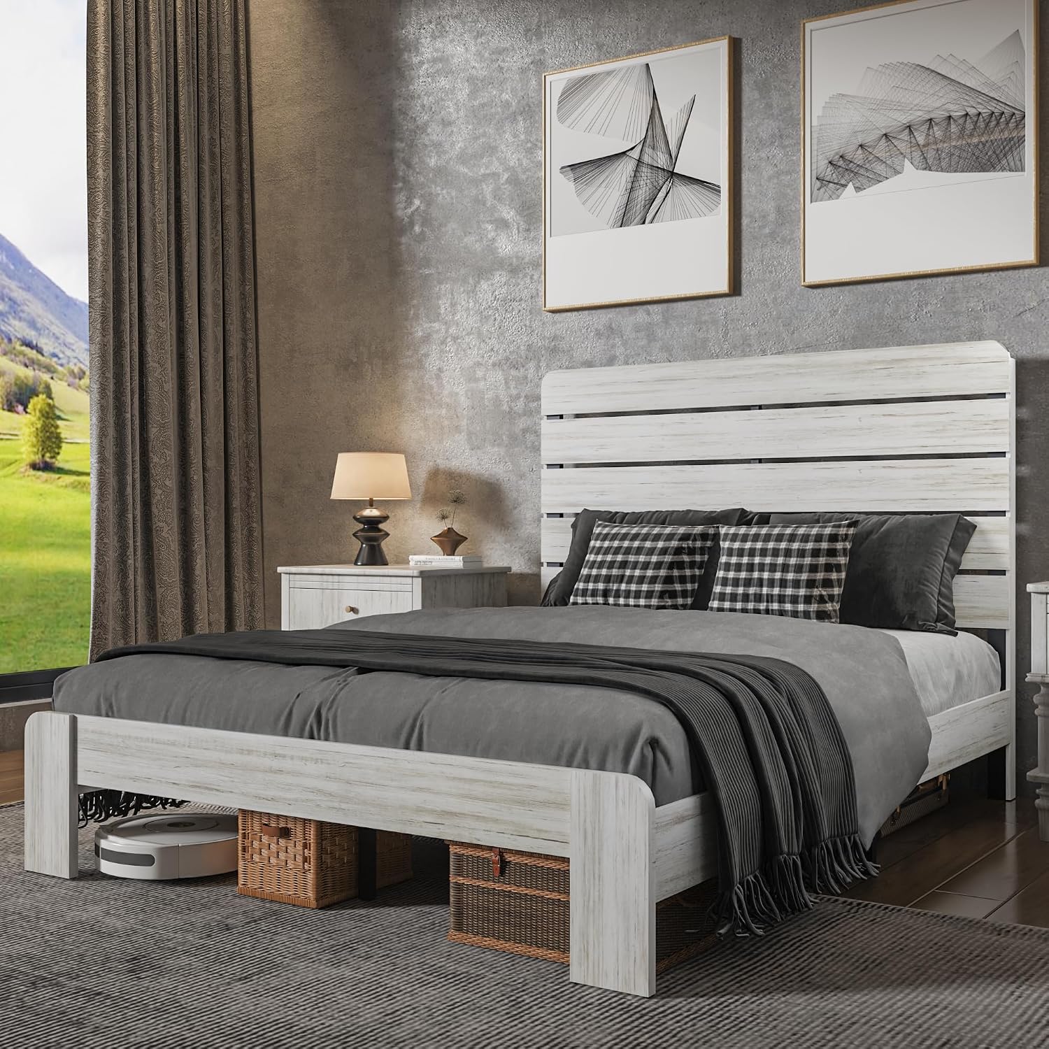 Queen Size Wooden Bed Frame with Headboard, Boho Platform Bedframe with Wood Slat Support, Sturdy and No Noise, Easy Assembly (Boho White, Queen)
