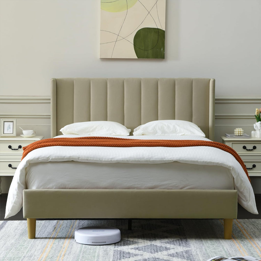 YUHUASHI upholstered Platform Bed Frame/Full Bed Frame/Modern Geometric Double-Wing Design headboard/Linen Fabric/Easy to Assemble no Noise (Beige, Full)