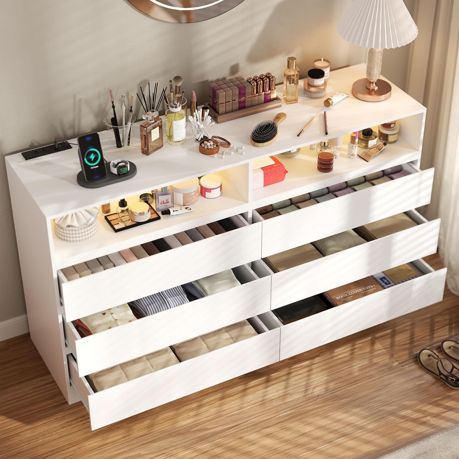 Gyfimoie 6 Drawer Dresser with Power Outlet, Modern White Dresser Chest of Drawers with LED Ligh, Wooden Dressers TV Stand, Double Wide Dressers Organizer for Bedroom, Living Room, Entryway