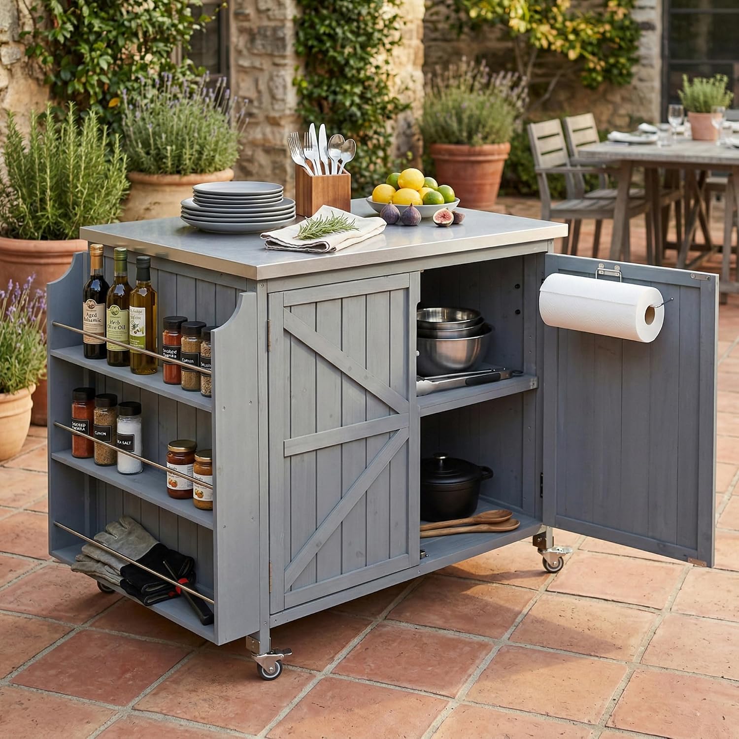 42.1' Outdoor Grill Cart with Storage, Small Kitchen Island with Stainless Steel Top, Side Shelf & Adjustable Shelf, Mobile Bar Cart with Storage and Locking Wheels (Grey+Blue)