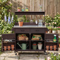 54.1' Stainless Steel Top Outdoor Kitchen Island, Solid Wood Potting Bench Table with Storage Cabinet and High Shelf, for Backyard, Patio, Garden, Brown