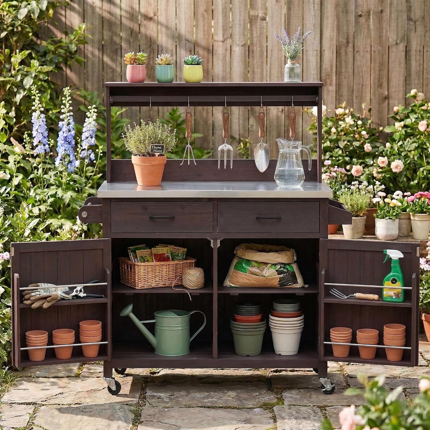 54.1' Stainless Steel Top Outdoor Kitchen Island, Solid Wood Potting Bench Table with Storage Cabinet and High Shelf, for Backyard, Patio, Garden, Brown