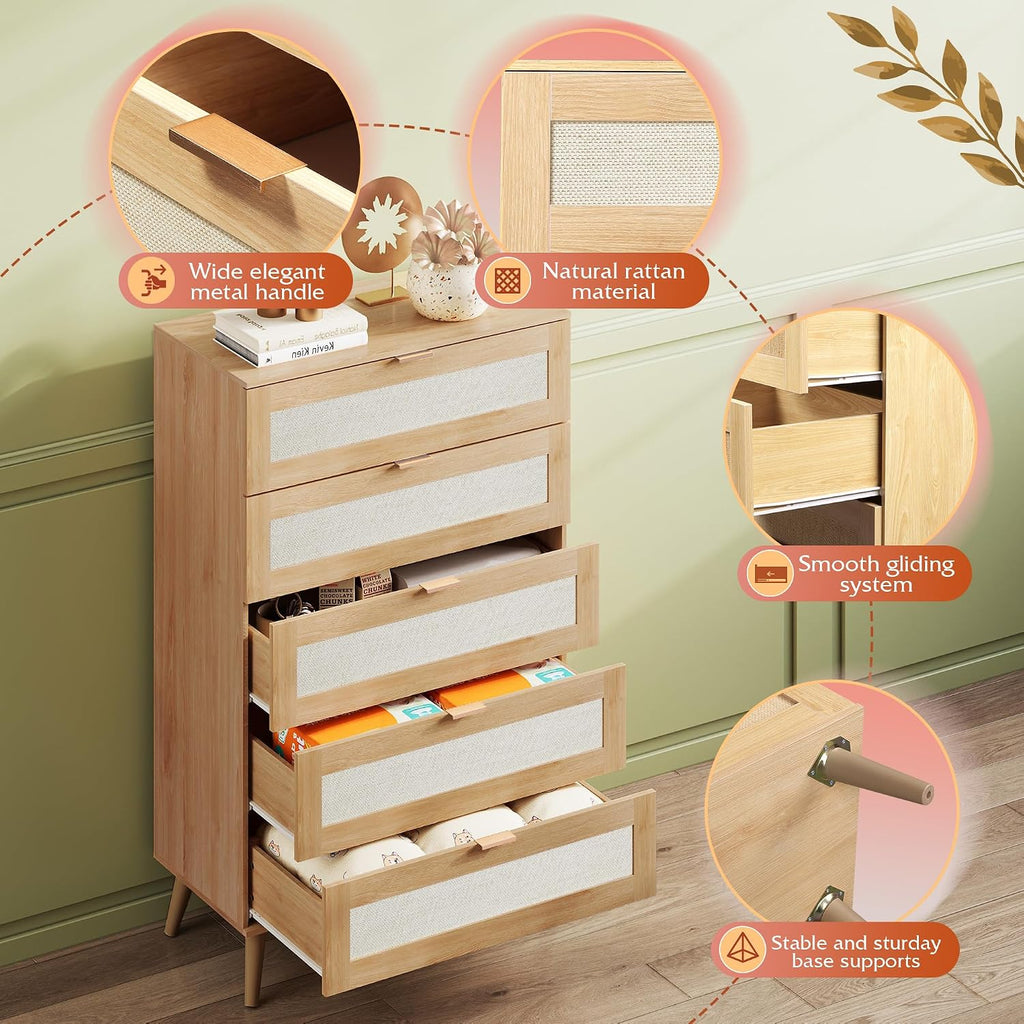 WLIVE Rattan Dresser for Bedroom, 50' Tall 5 Drawer Wooden Chest of Drawers, Boho Dresser Closet Storage Organizer for Living Room, Hallway, Light Oak