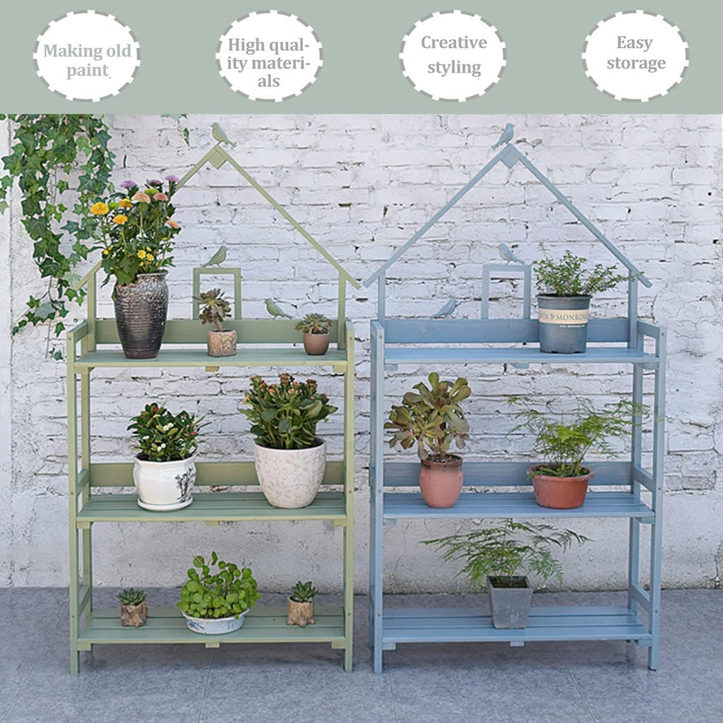 3-Tier Step Plant Shelves, Garden Potting Bench Table, Outdoor Garden Patio Storage Cabinet, Workstation Shed with Tabletop (Color : Blue, Size : 80x25x160cm)