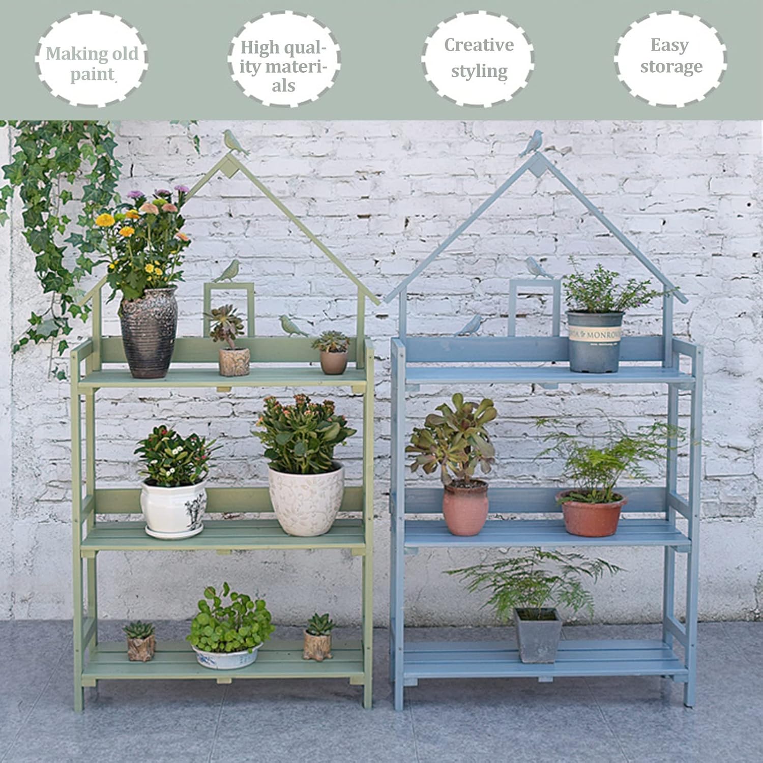 3-Tier Step Plant Shelves, Garden Potting Bench Table, Outdoor Garden Patio Storage Cabinet, Workstation Shed with Tabletop (Color : Blue, Size : 80x25x160cm)