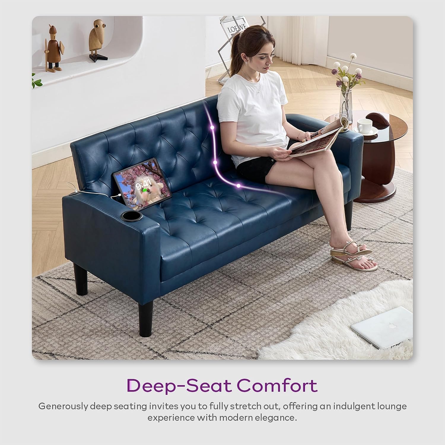 TYBOATLE 62' W Leather Loveseat w/Chairs, 3 Piece Sofa Sets for Living Room w/ 2 USB Charger Ports and 2 Cupholders, Living Room Furniture Sets of 3 (3, Blue)