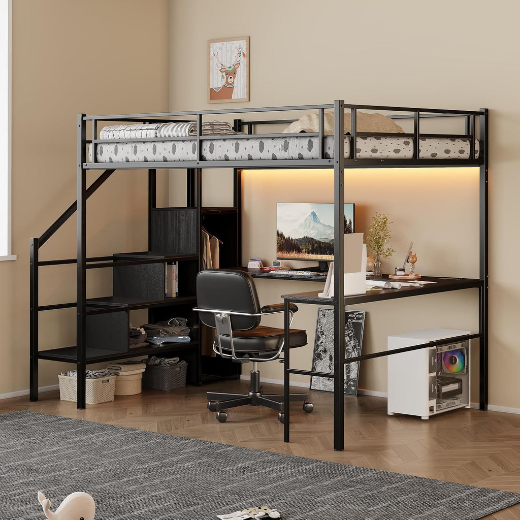 Full Size Loft Bed with L-Shaped Desk and Built-in Storage Shelves & Wardrob, Convertible Stairs, Metal Loft Bed Frame with LED Light & Charging Station, for Teens/Adults (Black)
