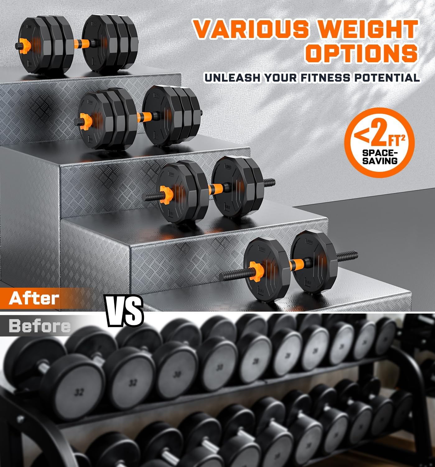 5-in-1 Adjustable Dumbbell Set, 33/44/66/88lbs Free Weights Set with Connector, Used as Kettlebells, Barbell, Push up Stand, Standard 1' Plates, Fitness Exercises for Home Gym Suitable Women/Men