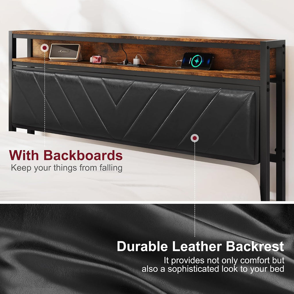 Bellemave Full Size Bed Frame with Charging, Full Bed Frame with Headboard and Charging Station, Brown Platform BedFrame with Led Lightstation, No Box Spring Needed, (Full, Black and Brown)