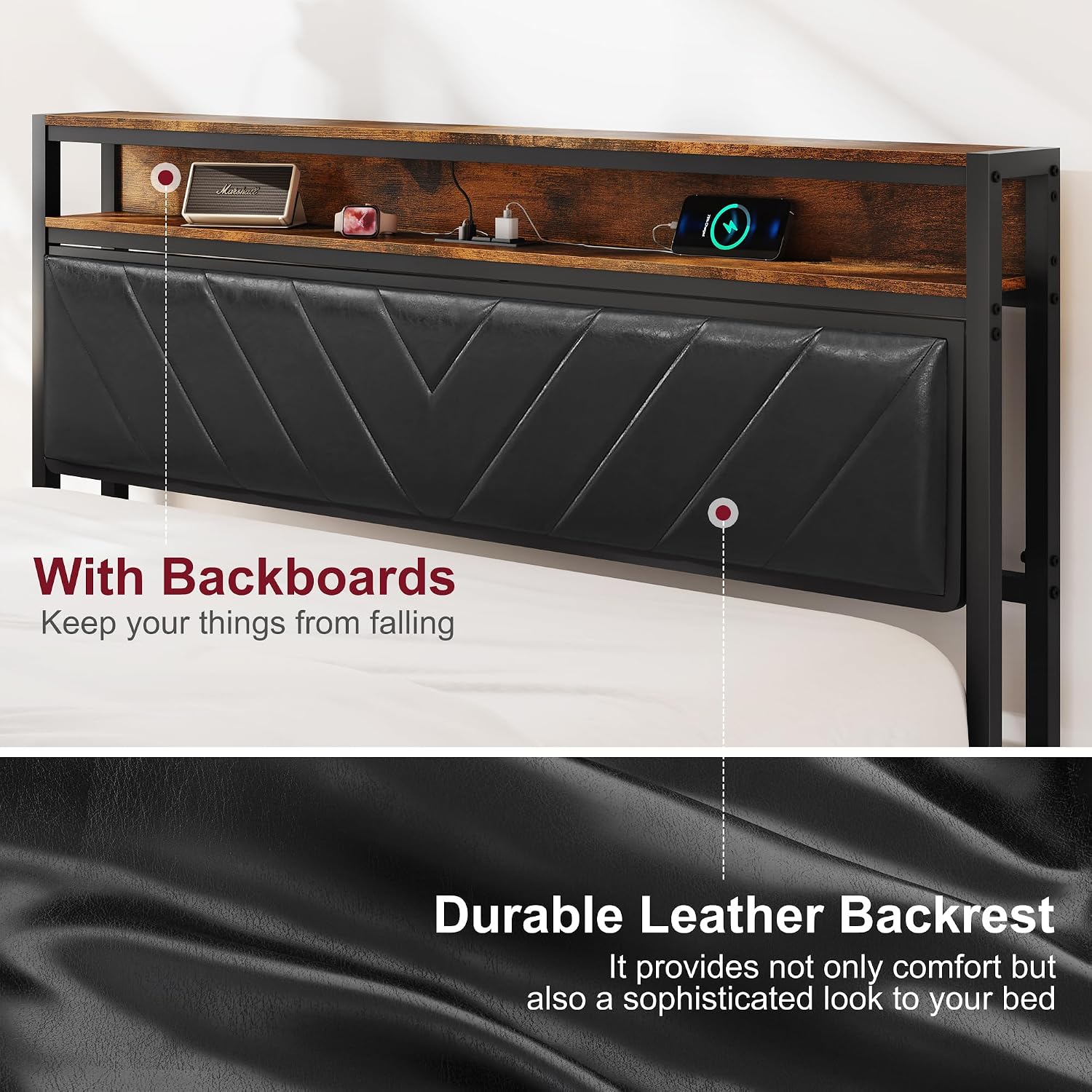 Bellemave Full Size Bed Frame with Charging, Full Bed Frame with Headboard and Charging Station, Brown Platform BedFrame with Led Lightstation, No Box Spring Needed, (Full, Black and Brown)