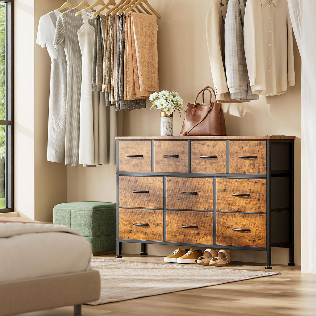 Lulive 10 Drawer Dresser for Bedroom, Dressers TV Stand with Power Outlet, Entertainment Center Bedroom Dresser, Chest of Drawers for 55'' Long TV, Wide Fabric Dresser for Storage and Organization