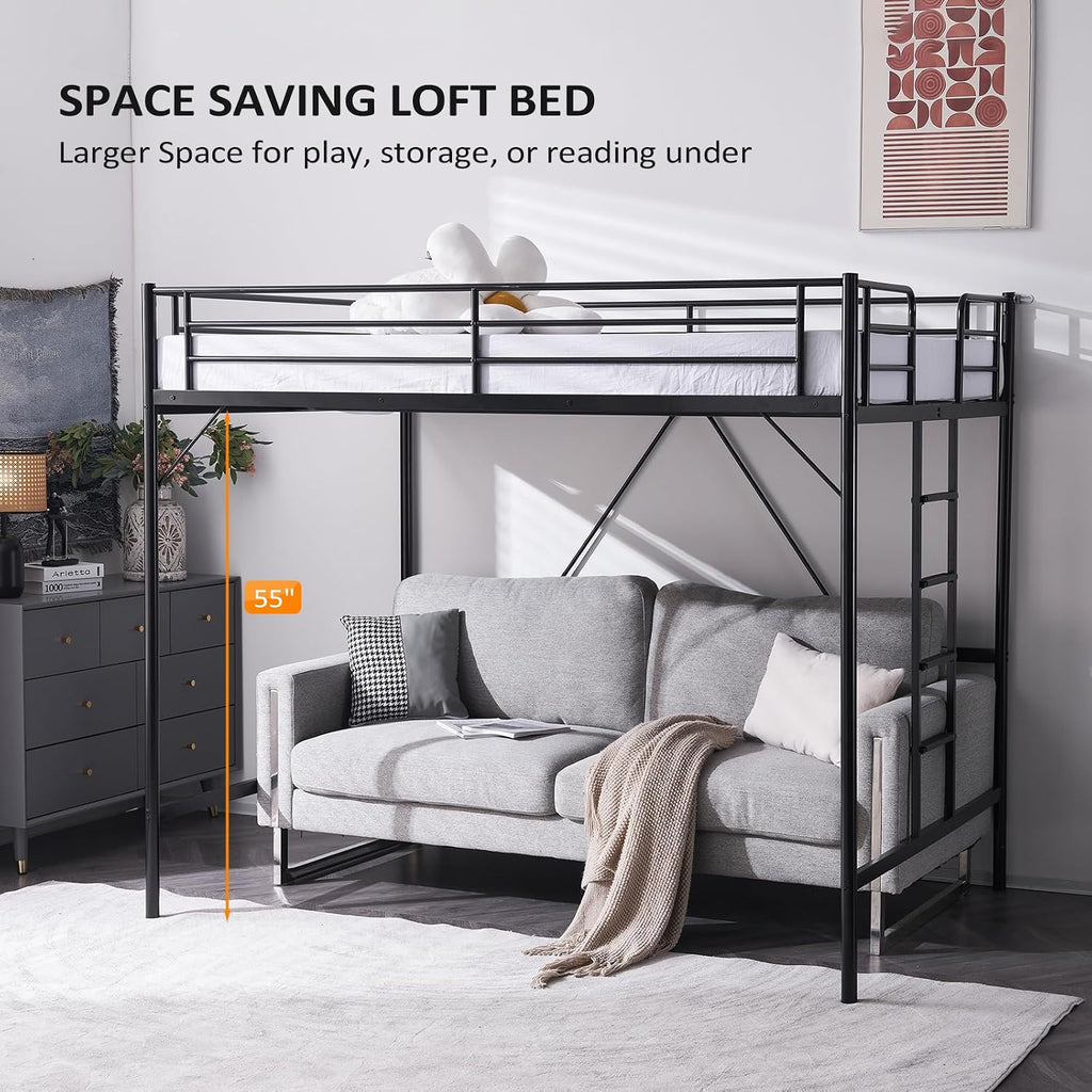 VINGLI Loft Bed Full Size with Flat Rungs for Adults, Kids and Young Teens, No Box Spring Required,Heavy Duty Metal Slat Support,Black