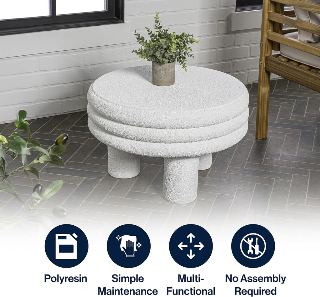 JONATHAN Y Rashida 13.5' Ribbed Polyresin Indoor Outdoor Table, White | Contemporary Curvy Minimalist Silhouette, Stacked Ring Motif, Tripod Pillar Base, Weather Resistant, Frosted Finish