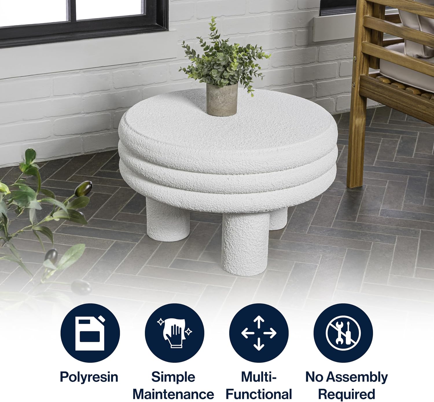 JONATHAN Y Rashida 13.5' Ribbed Polyresin Indoor Outdoor Table, White | Contemporary Curvy Minimalist Silhouette, Stacked Ring Motif, Tripod Pillar Base, Weather Resistant, Frosted Finish
