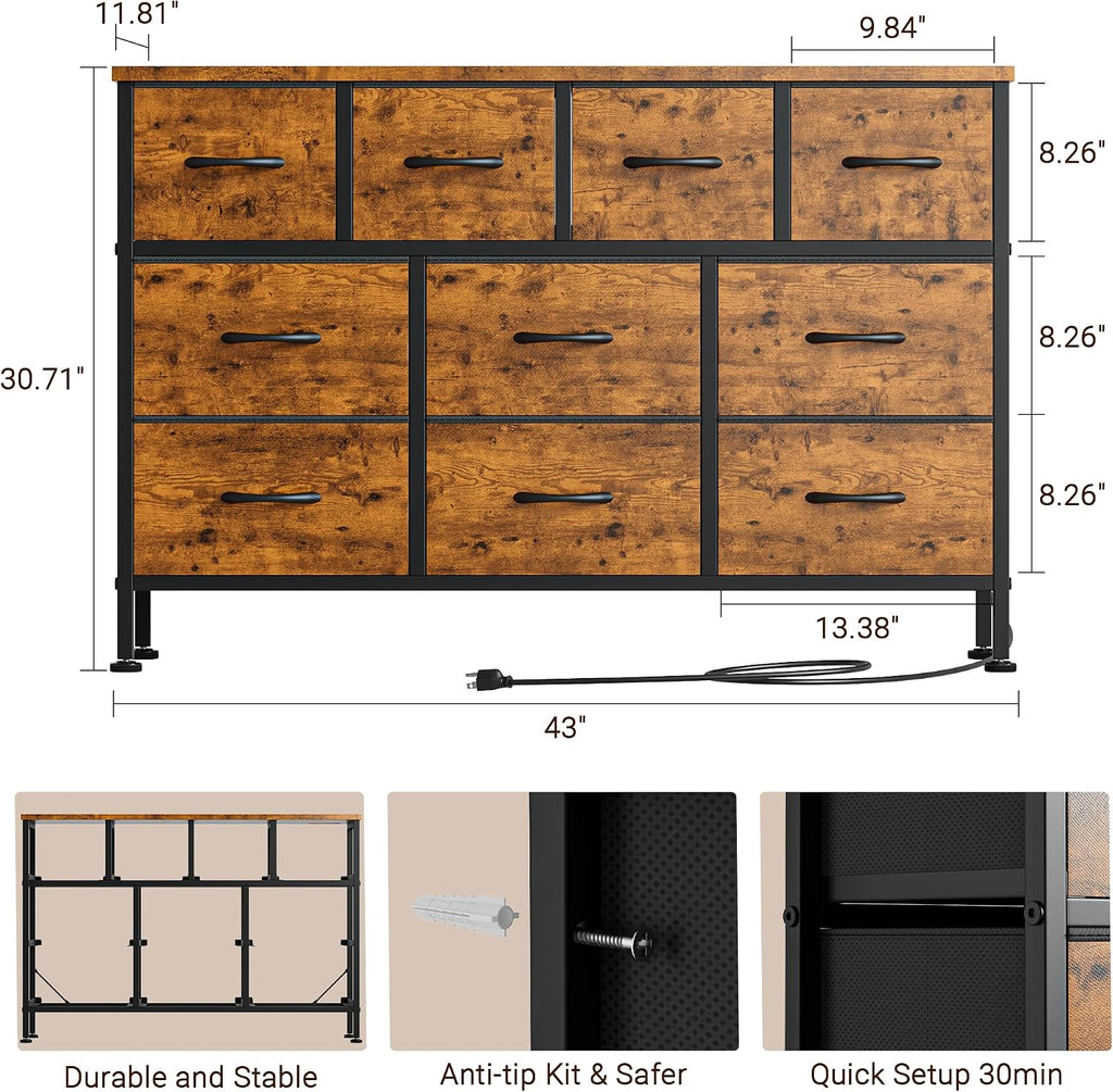 Lulive 10 Drawer Dresser for Bedroom, Dressers TV Stand with Power Outlet, Entertainment Center Bedroom Dresser, Chest of Drawers for 55'' Long TV, Wide Fabric Dresser for Storage and Organization