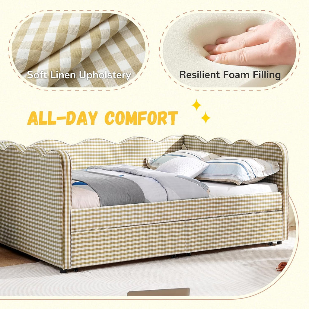 DEINPPA Full Size Upholstered Daybed with 2 Storage Drawers, Gingham Daybed with USB Ports for Bedroom Living Room Guest Room-Brown