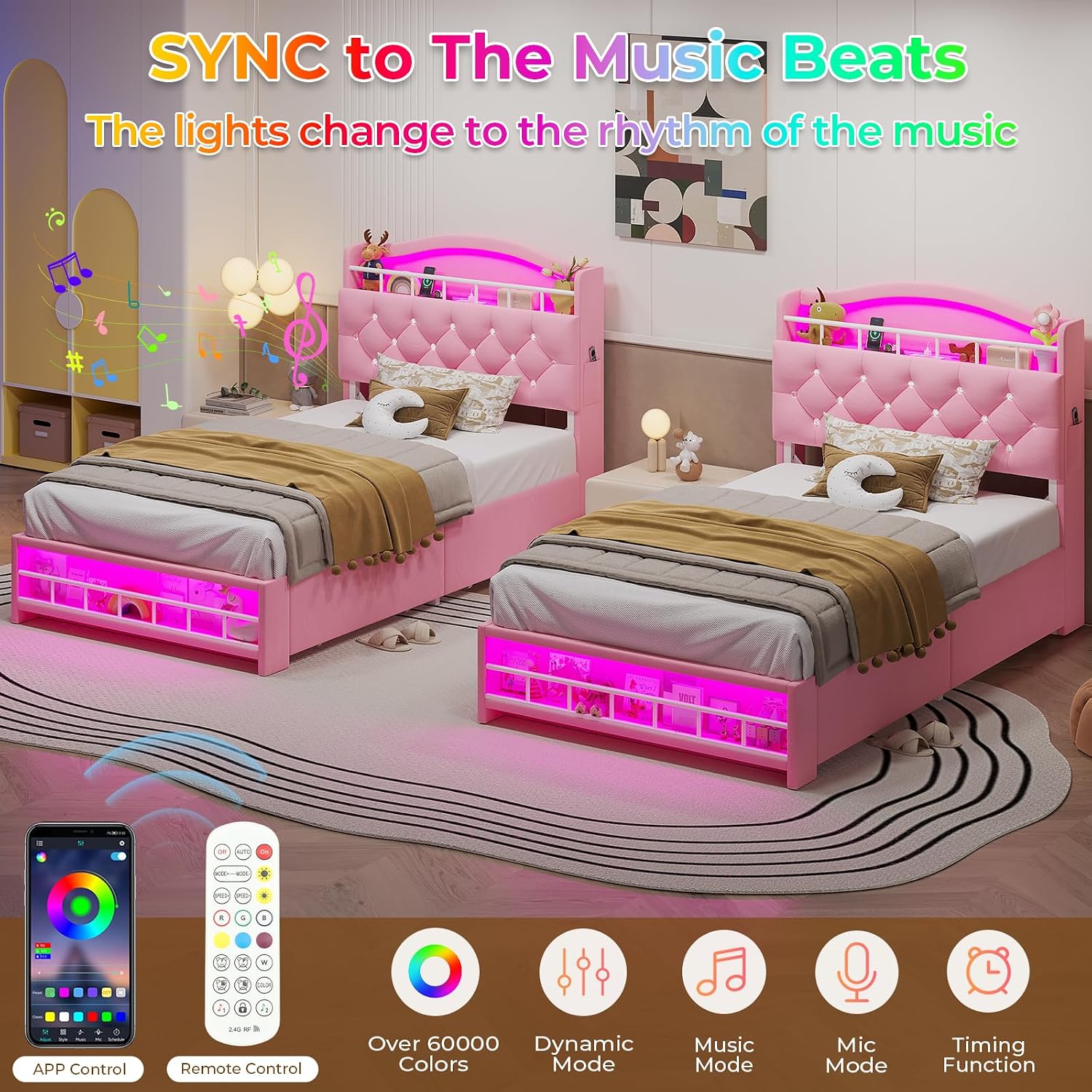 HAUOMS Twin Size Bed Frame with LED Lights & 4 Drawers, Princess Velvet Upholstered Platform Bed for Girls, Headboard with Charging Station & Guardrail & Crystal Button, No Box Spring Needed, Pink