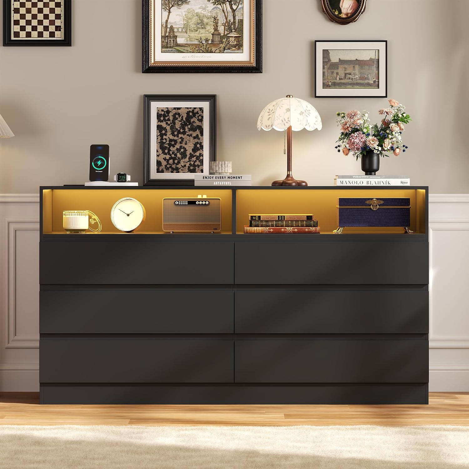Gyfimoie 6 Drawer Dresser with Power Outlet, Modern Black Dresser Chest of Drawers with LED Ligh, Wooden Dressers TV Stand, Double Wide Dressers Organizer for Bedroom, Living Room, Entryway