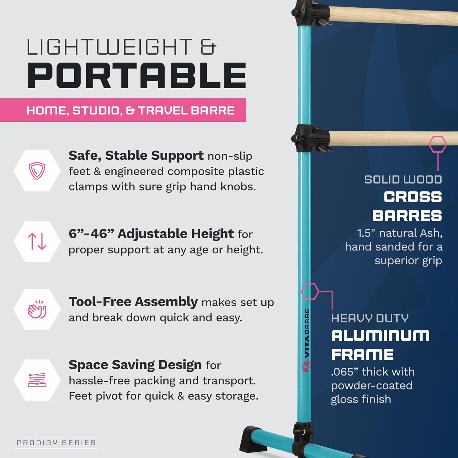 VITA Barre Portable Freestanding Double Ballet Barre, Prodigy, Wood | Adjustable Height, USA Made, Home or Gym Exercise Equipment for Kids & Adults | Dance, Fitness, Pilates