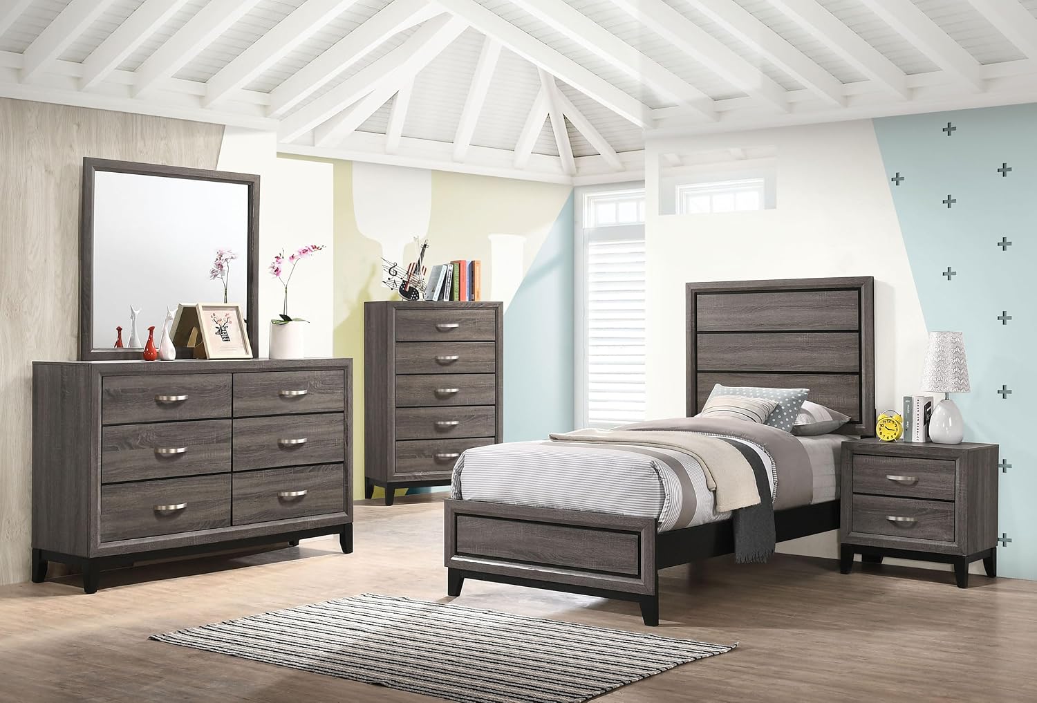Coaster Home Furnishings Watson Transitional 5-Piece Bedroom Set Twin Size Panel Bed Frame 57-inch Headboard Grey Oak 212421T-S5