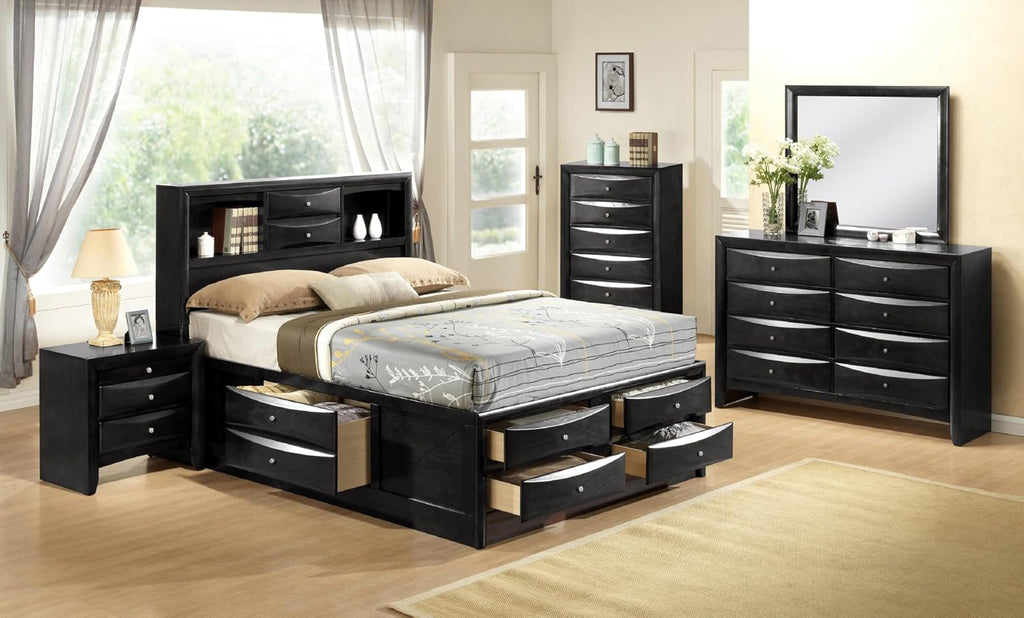 GOWE 1pc Contemporary King Captains Platform Bed Bookcase Shelves Headboard Side Storage Solid Wood Wooden Bedroom Furniture Black Finish