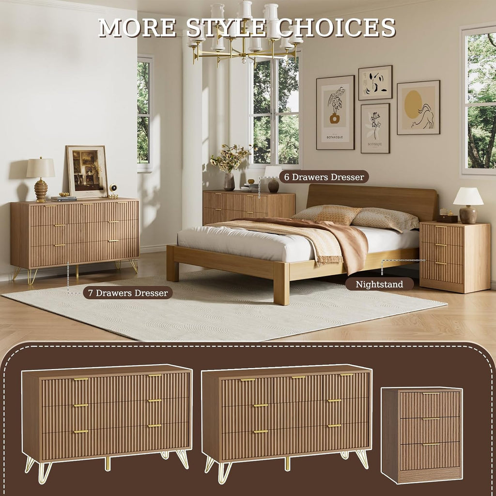 LYNSOM Fluted Dresser for Bedroom, Walnut 7 Drawer Dresser with Gold Handles and Wide Drawers, Wood Chest of Drawers for Bedroom, Hallway(Walnut)