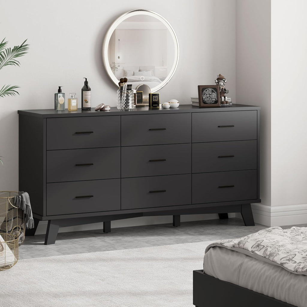 Xixini Dresser for Bedroom, Wide Wood 9 Drawer Modern Chest of Drawers with X-Shaped Sturdy Base, Double Dresser Closet Clothes Storage Organizer, Wooden TV Stand for Living Room, Hallway, Black