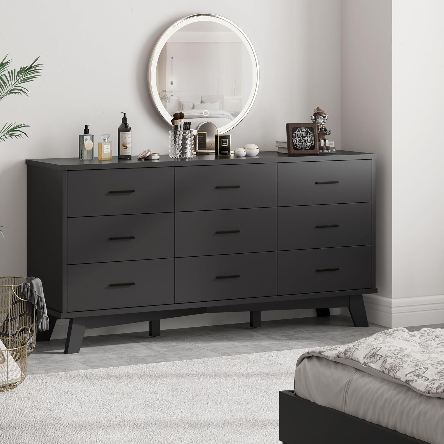 Xixini Dresser for Bedroom, Wide Wood 9 Drawer Modern Chest of Drawers with X-Shaped Sturdy Base, Double Dresser Closet Clothes Storage Organizer, Wooden TV Stand for Living Room, Hallway, Black