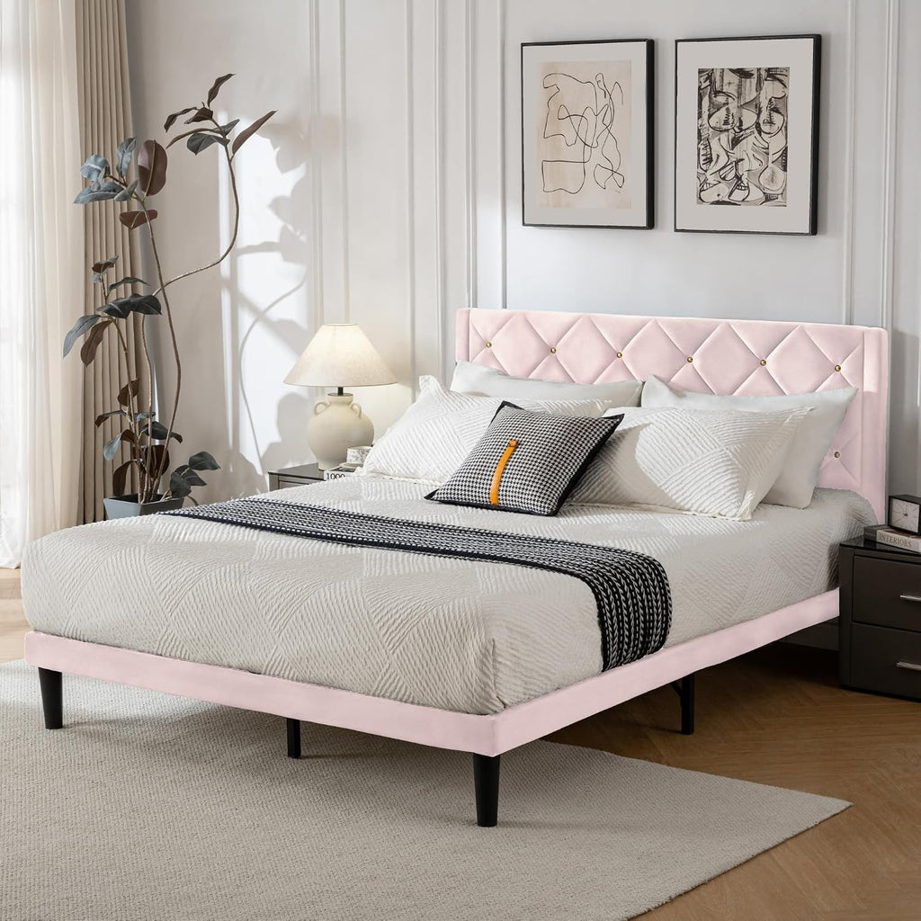 Queen Size Platform Bed Frame with Velvet Headboard, Sturdy Wooden Slats Support, Mattress Foundation, No Box Spring Required, Non-Slip and Noise-Free, Easy Assembly, Pink